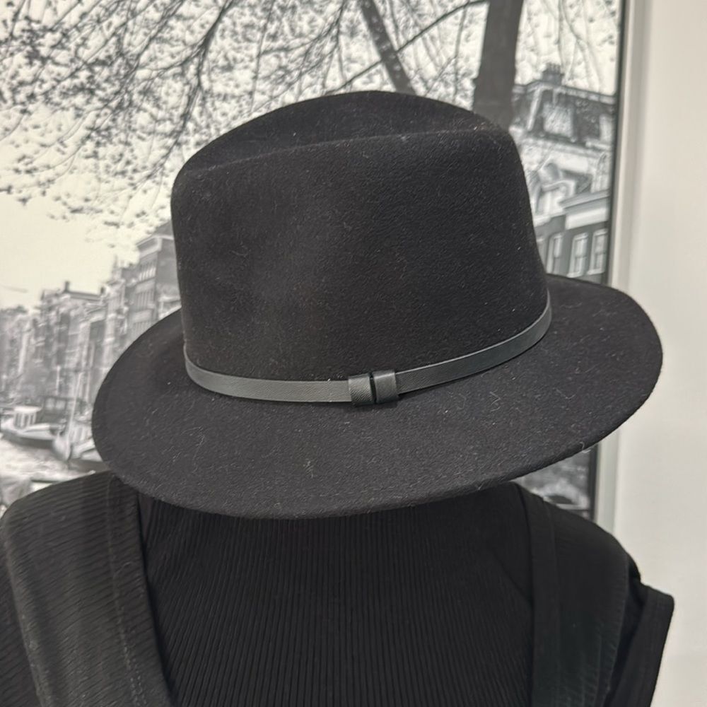 Zara Women’s Unisex 100% WOOL Fedora HAT Black Soft Classic Leather Accent